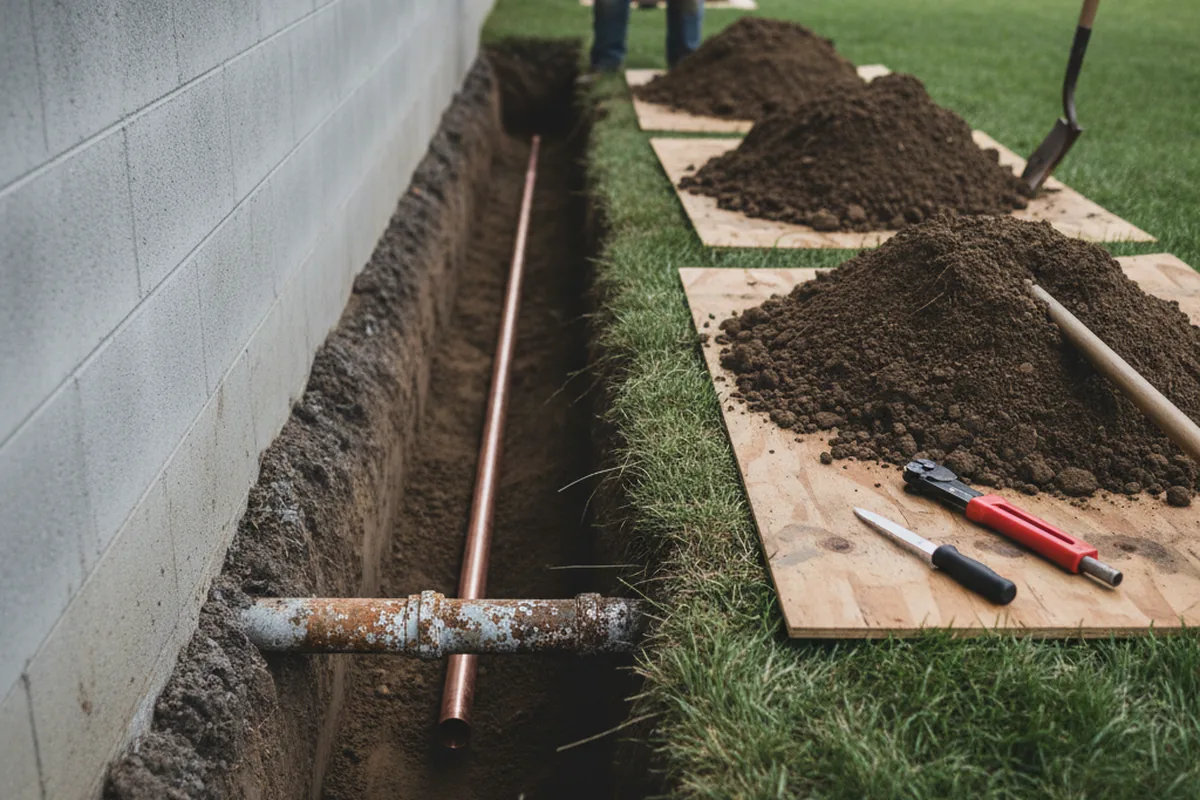 Excavated water line trench during Sewer Line Repair in Lagro